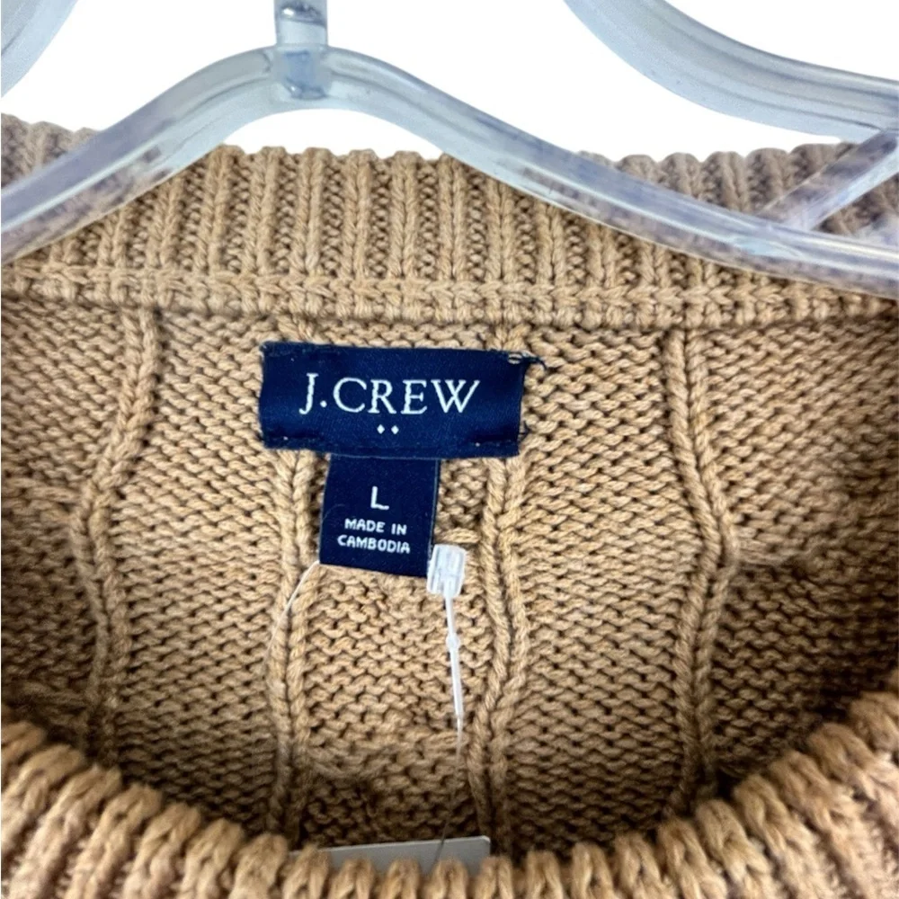 J. Crew Men's Cable Knit Camel Crewneck Sweater Size L Preppy Quiet Luxury
